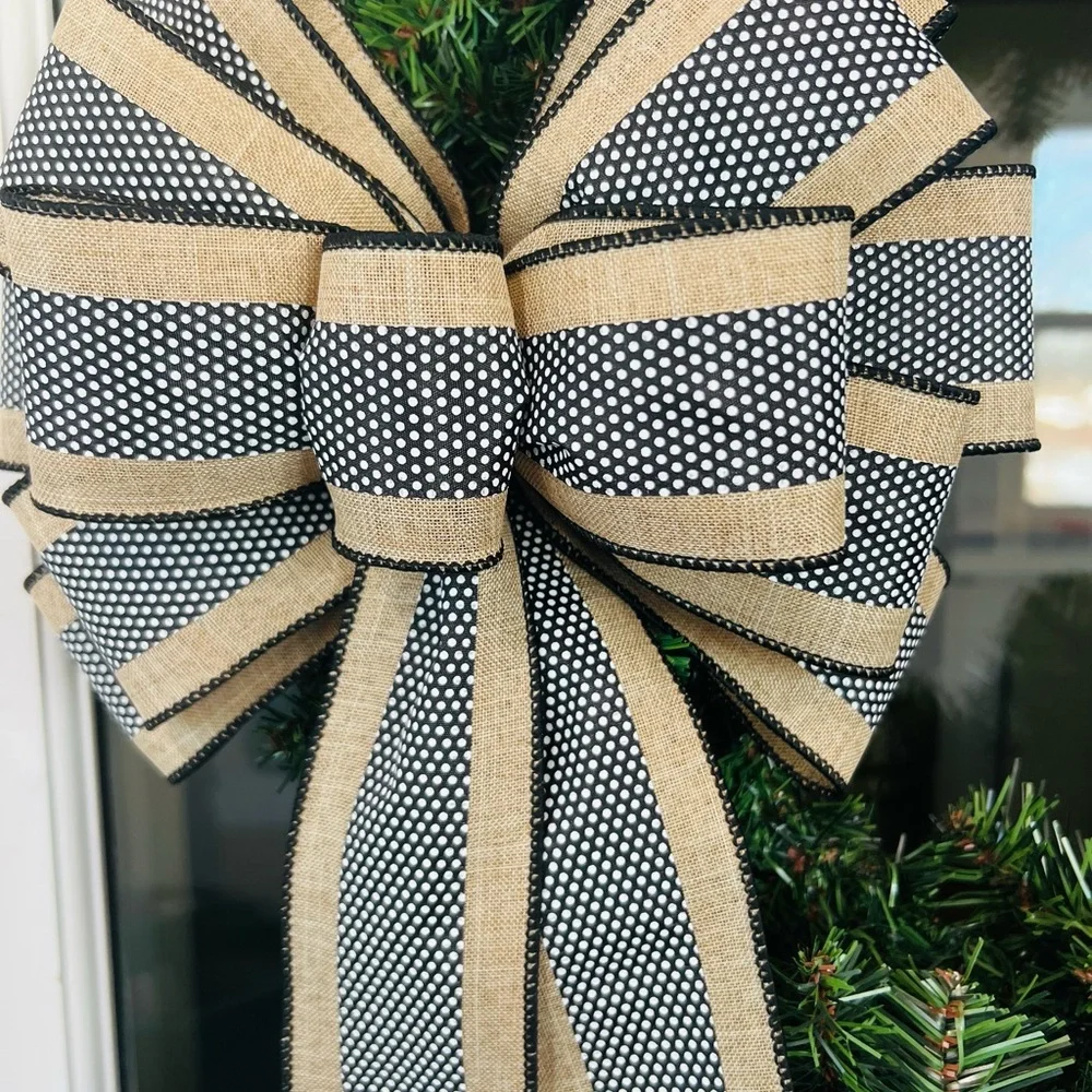 Elegant Black and Tan Polka Dot Holiday Easter Spring Summer Bow for Wreath